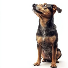 Adorable small mixed breed dog sitting attentively looking upwards with a curious expression isolated on a white background