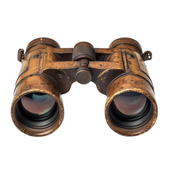 Vintage brass binoculars with detailed worn finish and large glass lenses. Png, Transparent background.