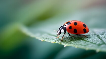 Fototapeta premium close-up of a ladybug crawling on a leaf