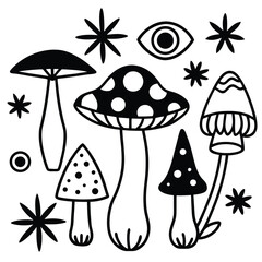 The image contains various hand drawn style illustrations of mushrooms, some of which have additional surreal and mystical elements such as eyes, an alien-like figure, and abstract patterns.eps