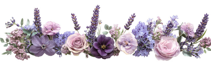 A beautiful arrangement of purple and pink flowers including roses, lavender, and delicate blossoms. Png, Transparent background.