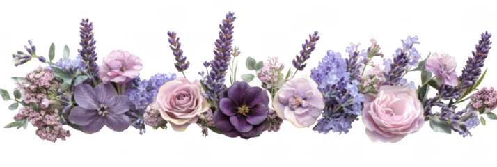 A beautiful arrangement of purple and pink flowers including roses, lavender, and delicate blossoms. Png, Transparent background.