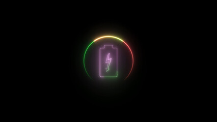 Neon Battery Charging Icon with Rainbow Circle on a Black Background for Technology Concepts neon