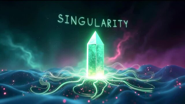 Ethereal crystal representing singularity amidst vibrant waves of color and light, evoking a sense of wonder