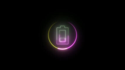 Neon Battery Icon with Low Charge Inside a Glowing Circle on a Black Background neon