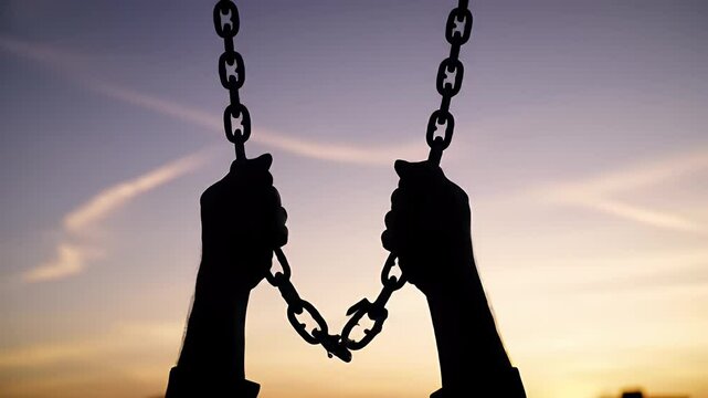 Pixelated Silhouette Hands Breaking Chains Against Purple and Orange Twilight Sky Symbolizing Freedom and Liberation With Vintage Effect
