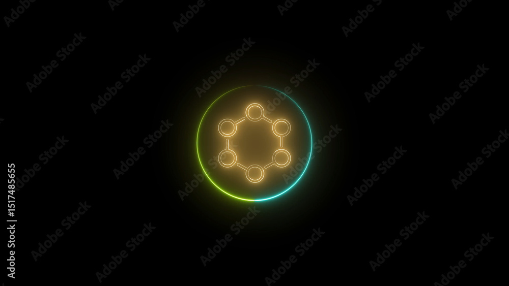 Poster neon molecular structure inside a glowing circle on a black background science and technology glowin