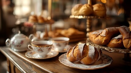 A sophisticated tea-time bakery with delicate porcelain cups and warm bread