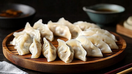 A plate of delicious dumplings on the table, gourmet food