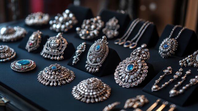 Exquisite display of ornate silver jewelry with blue gemstones in luxurious setting