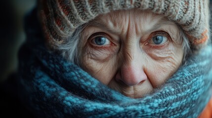Elderly caucasian woman in winter attire with knit hat and scarf