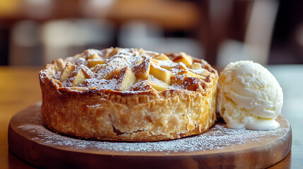 Apple Tart with Vanilla Ice Cream on Wooden Platter