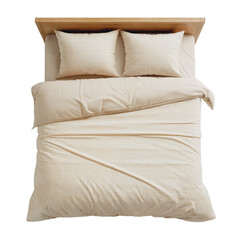 Top View of a Made Bed with Beige Gingham and Polka Dot Bedding on Wooden Headboard – Isolated on Transparent Background