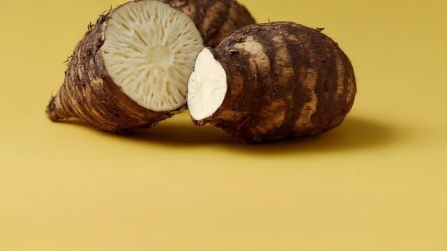 Arrangement of sliced and whole dioscorea alata roots with brown skin and white flesh on a pale yellow surface in studio lighting.