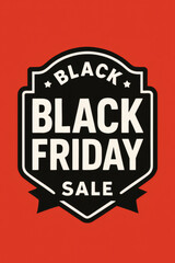 Obraz premium Black Friday promotional badge with white text on a black background and stars, set against a bright red backdrop.