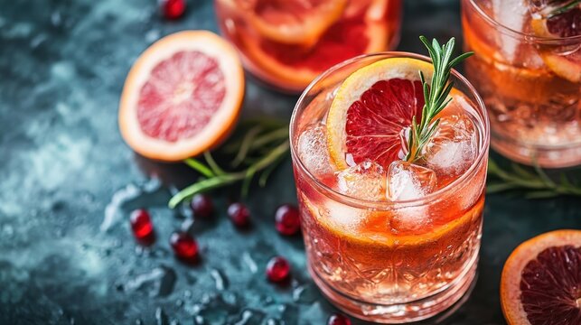 Refreshing blood orange cocktail with ice and rosemary garnish on textured background