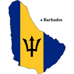 A barbados map silhouette with the flag colors and a trident symbol in the center on black background