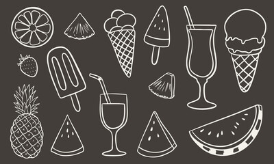 A hand-drawn vector illustration featuring a collection of summer-themed elements in white outline style on a dark background. The set includes ice cream, tropical drinks, summer fruits and other