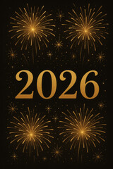 2026 year depicted with golden numerals amidst celebratory fireworks and star sparkles against a dark backdrop