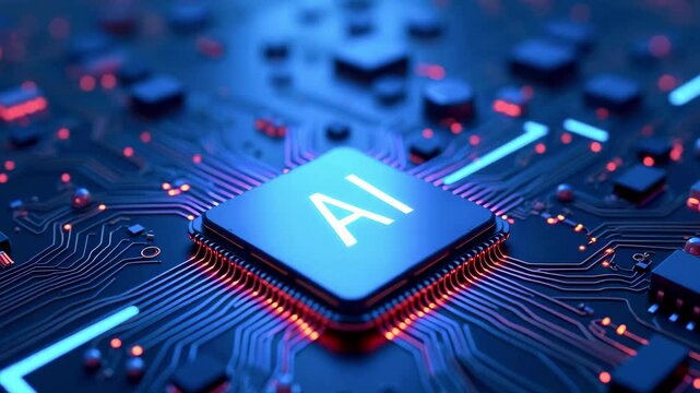 Close-up view of a futuristic AI microchip on a circuit board illuminated by neon lights