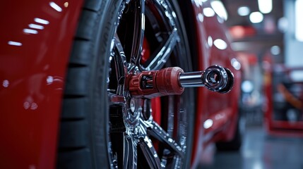 Fototapeta premium Close-up of red sports car tire with lug wrench attached in garage setting