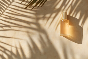 Light Amber Glass Perfume Bottle with Palm Frond Shadows on Beige Surface

