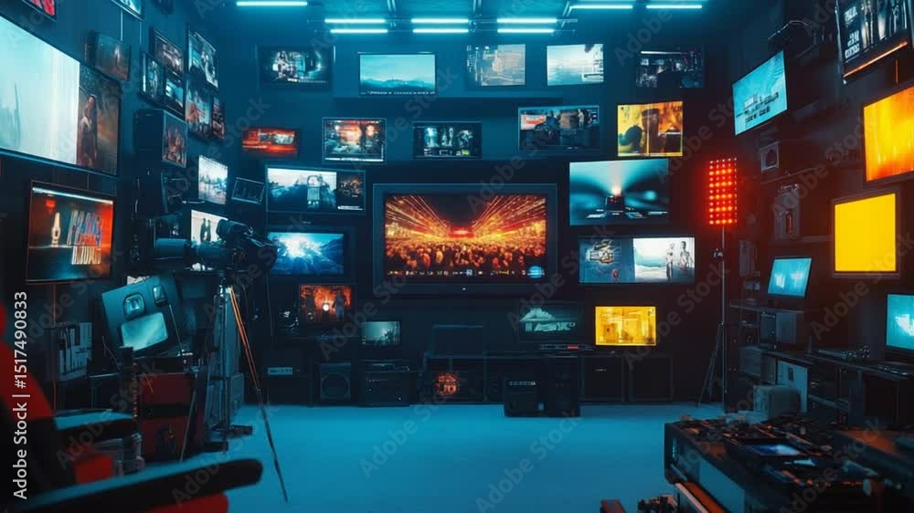 Poster immersive video production studio with multiple screens displaying various content streams