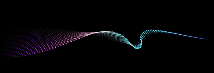 Flowing dot particles wave pattern colorful spectrum light gradient smooth curve shape isolated on black background. Vector in concept of technology, science, music, modern