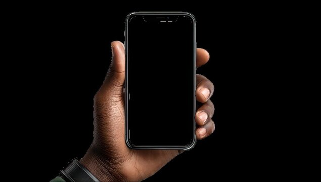 Hand holding a dark smartphone against a black background