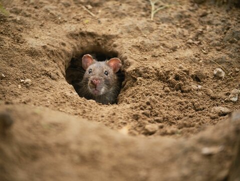 A rat emerges from his burrow