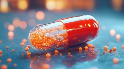 Close-up of red capsule with orange granules on reflective surface