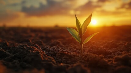Young green plant in soil at sunset: symbol of growth and renewal in nature