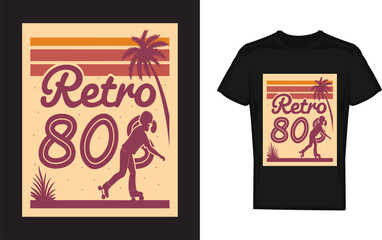 Retro 80s T-shirt Design: Capturing the essence of the 1980s with a vibrant, retro design on a black t-shirt, featuring a roller skater and palm tree silhouette, evoking nostalgia for a bygone era.