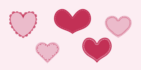 Valentine Scalloped edge heart shapes set. hand drawn vintage frill ornament. Fabric laces and ribbons frame. Heart shape frame badge set.