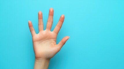 Caucasian female hand raised with open palm on blue background