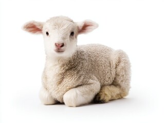 Young lamb laying down on white background
