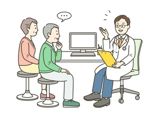 もの忘れ外来で診察を受ける高齢男性と付き添いの妻と医師のイラスト
