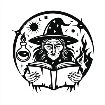 vintage witch illustration with spellbook and poti