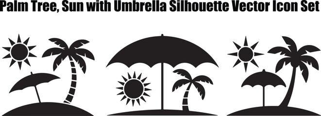 Beach Vacation Silhouette Vector – Palm Tree, Umbrella & Sun Icon for Tropical Summer Merch.