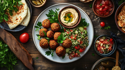 Traditional Middle Eastern Meal with Falafel, Hummus, Tabbouleh, and Fresh Vegetables