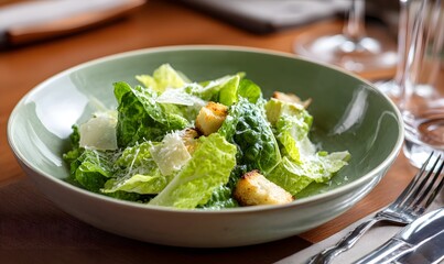  gourmet Caesar Salad plated by a Michelin-starred chef, served in a smooth matte sage green ceramic bowl, Generative AI