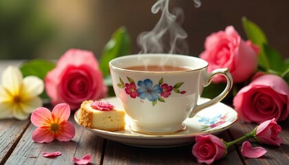 Delicate china cup filled with steaming tea surrounded by colorful flowers and a slice of moist vanilla cake, home decor, flowers, dessert