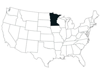 Map of Minnesota State in United States country on white background. Single State map highlighted by black colour on United States of America map. UNITED STATES, US