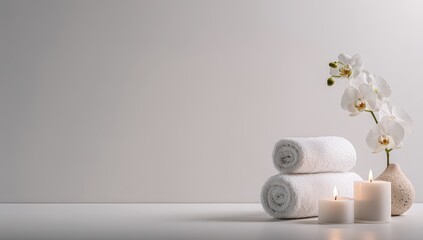 White towels, orchids, and candles on a light gray surface