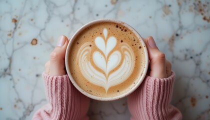 Pink Sweater-Wrapped Hands Hold a Pink Speckled Latte Art Coffee Mug