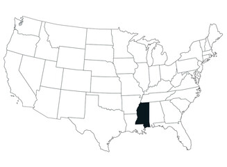 Map of Mississippi State in United States country on white background. Single State map highlighted by black colour on United States of America map. UNITED STATES, US