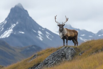 Fototapeta premium Majestic reindeer stands proud on a rocky hilltop, majestic mountain backdrop.
