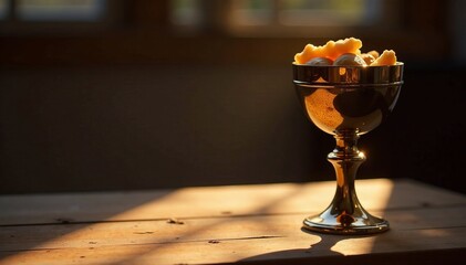 Patina chalice with wine and bread, warm light falls on cross shadow in glass , warm lighting, home decor, glassware