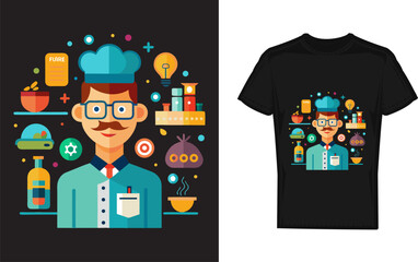 Culinary Chef in T-Shirt Design: A vibrant, vector-style depiction of a chef, surrounded by iconic kitchen elements, brought to life as a unique tee shirt concept.