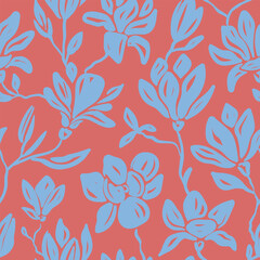 pattern with magnolias and leaves drawn in cartoon style